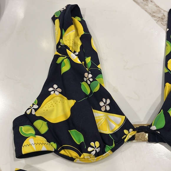 EUC Trina Turk black and yellow lemon 🍋 pattern two piece bikini bathing suit - Picture 3 of 9